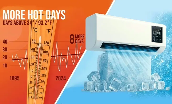 Frustrated homeowner suffering from summer heat before installing an EpiCooler portable cooling unit for instant relief.