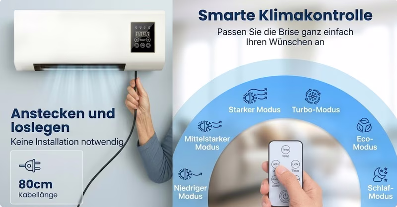 Nahaufnahme eines Thermometers, das hohe Temperaturen neben einem Ventilator anzeigt.