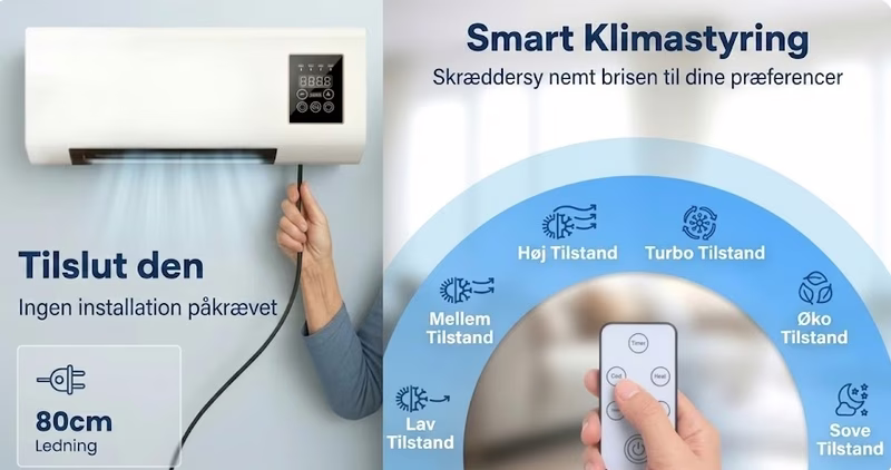 Tætbillede af et termometer, der viser høje temperaturer ved siden af en blæser.