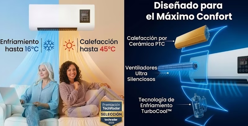 Mujer durmiendo profundamente bajo una manta con un climatizador silencioso cerca.