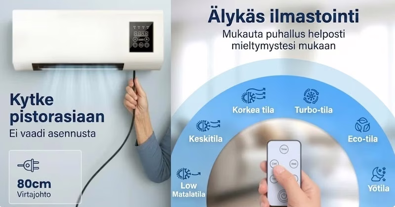 Lähikuva lämpömittarista, joka näyttää korkeaa lämpötilaa tuulettimen vieressä.