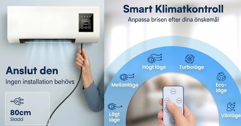 Närbild på en termometer som visar höga temperaturer bredvid en fläkt.